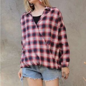 Plaid Print Collared Wrap Shirt